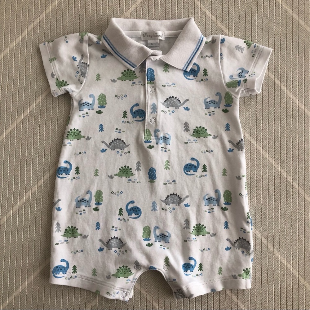 Kissy Kissy Polo Romper with Blue & Green Dinosaur Print Boy’s Size 6-9M